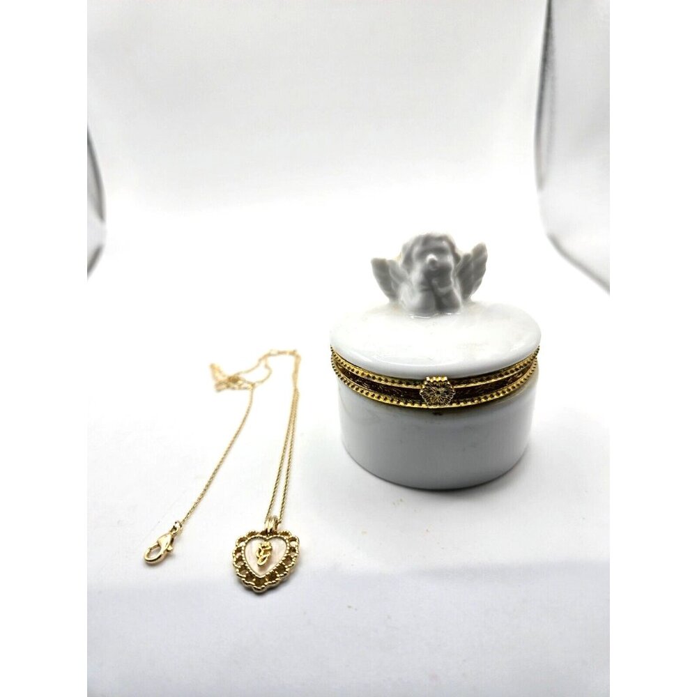 White China Trinket Box with Angel containing gold tone heart necklace 18" long